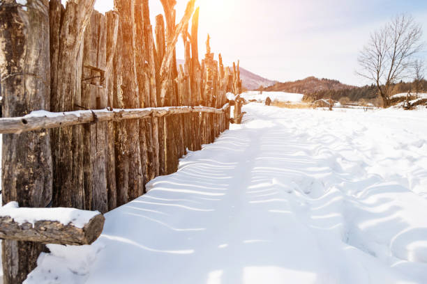 snow covered wood fence