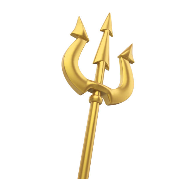 Golden Trident Isolated Golden Trident isolated on white background. 3D render neptune fork stock pictures, royalty-free photos & images