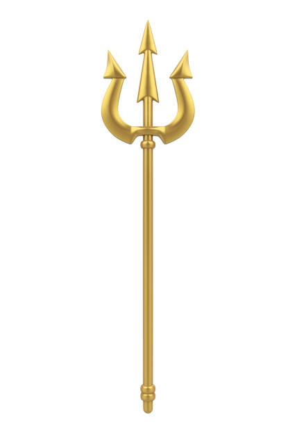 Golden Trident Isolated Golden Trident isolated on white background. 3D render neptune fork stock pictures, royalty-free photos & images