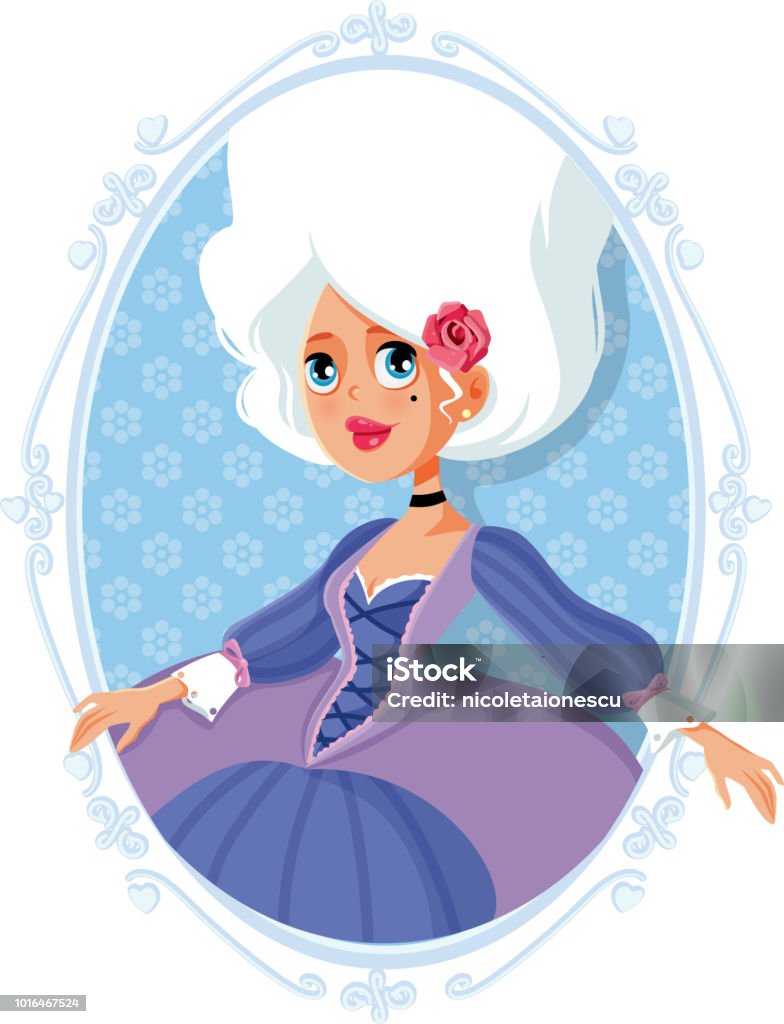 Marie Antoinette Aristocratic Baroque Cartoon Illustration Aristocrat eighteenth century woman wearing big dramatic wig and makeup 18th Century stock vector