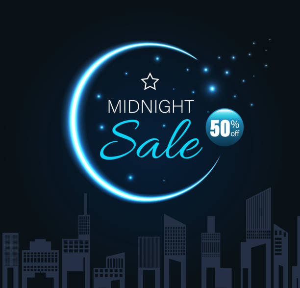 Midnight sale with crescent moon Midnight sale with crescent moon and city night style. Vector illustration. midnight stock illustrations