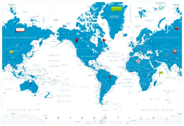 Vector illustration of America Centered World Map and glossy icons on map