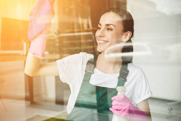 beautiful smiling young woman cleaning and wiping window with spray bottle and rag - caretaker imagens e fotografias de stock