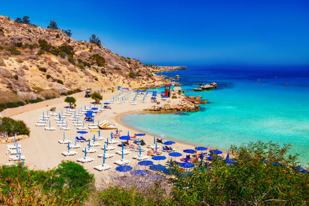 Beautiful landscape near of Nissi beach and Cavo Greco in Ayia Napa, Cyprus island, Mediterranean Sea. Amazing blue green sea and sunny day. Beautiful landscape near of Nissi beach and Cavo Greco in Ayia Napa, Cyprus island, Mediterranean Sea. Amazing blue green sea and sunny day. greco stock pictures, royalty-free photos & images