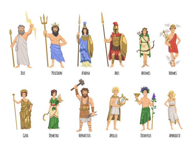 ilustrações de stock, clip art, desenhos animados e ícones de pantheon of ancient greek gods, mythology. set of characters with names. flat vector illustration. isolated on white background. - olympian