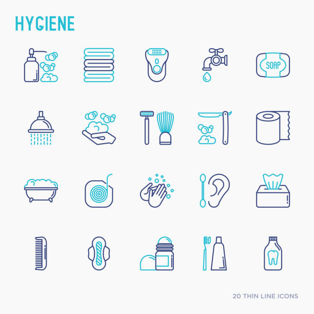 hygiene-dünne linie icons set: hand seife, dusche, badewanne, zahnpasta, rasierer, rasierpinsel, damenbinde, kamm, ball deo, mund spülen. vektor-illustration. - sanitary stock-grafiken, -clipart, -cartoons und -symbole