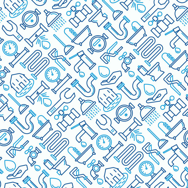 Plumbing seamless pattern with thin line icons of bathtub, shower, pipe, wrench, drop, leakage, meter, plunger. Modern vector illustration. vector art illustration