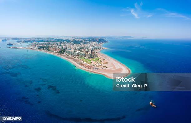 Aerial Birds Eye View Drone Photo Of Elli Beach On Rhodes City Island Dodecanese Greece Panorama With Nice Sand Lagoon And Clear Blue Water Famous Tourist Destination In South Europe Stock Photo - Download Image Now