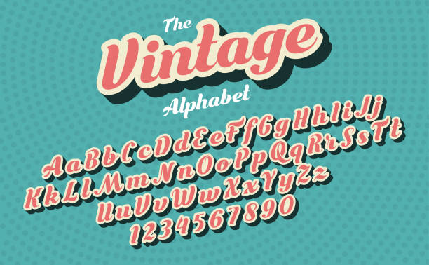 Pink vintage style latin alphabet and figures. Font design. Pink italics vintage latin alphabet isolated on green background. Pop art style. Letters and figures template for sign board creation. Font design. Vector illustration. retro style stock illustrations