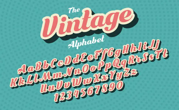 Vector illustration of Pink vintage style latin alphabet and figures. Font design.