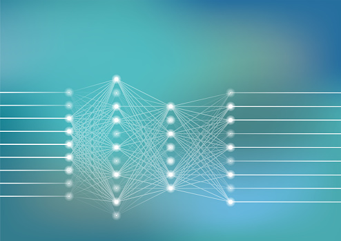 Deep neural network vector illustration with light green and blue background for artificial intelligence