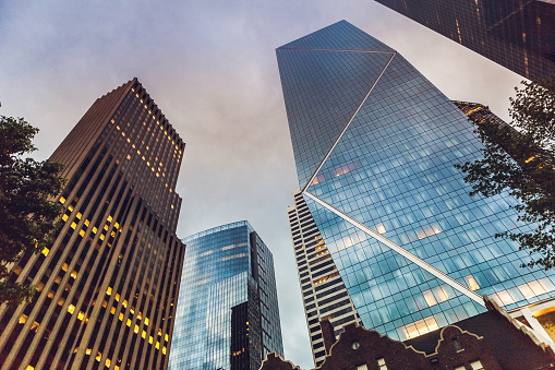 Low angle view of modern skyscrapers in business district in Seattle, Washington state, USA