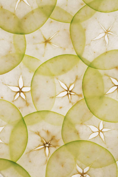 Translucent slices of apples Translucent slices of apples green apple slice overhead stock pictures, royalty-free photos & images