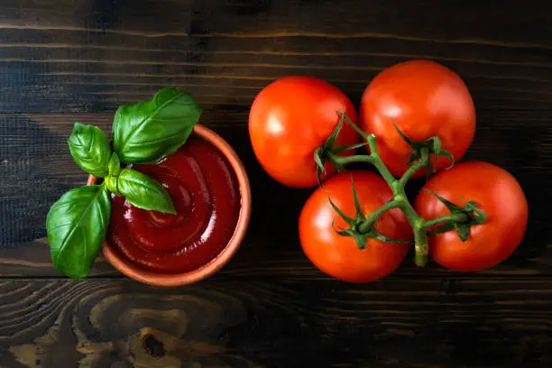 Tomato ketchup sauce in a bowl with basil and tomatoes on dark wooden table. Top view