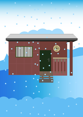 Vector illustration of old garden shed in the winter with a snowy landscape. Snow and snow flakes in the snowy countryside.