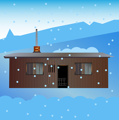 Vector illustration of old garden shed in the winter with a snowy landscape. Snow and snow flakes in the snowy countryside.