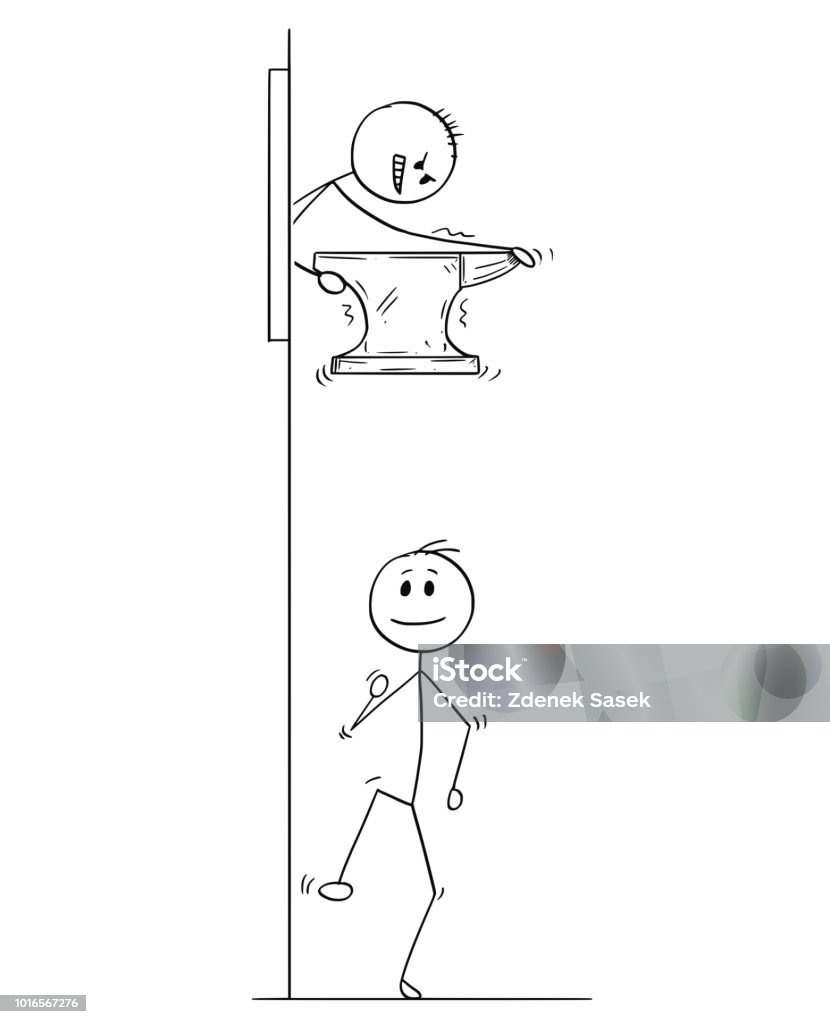 Cartoon of Man or Businessman Dropping the Iron Anvil on His Competitor Cartoon stick drawing conceptual illustration of man or businessman dropping the iron anvil on his competitor. Business concept of unfair competition. Achievement stock vector