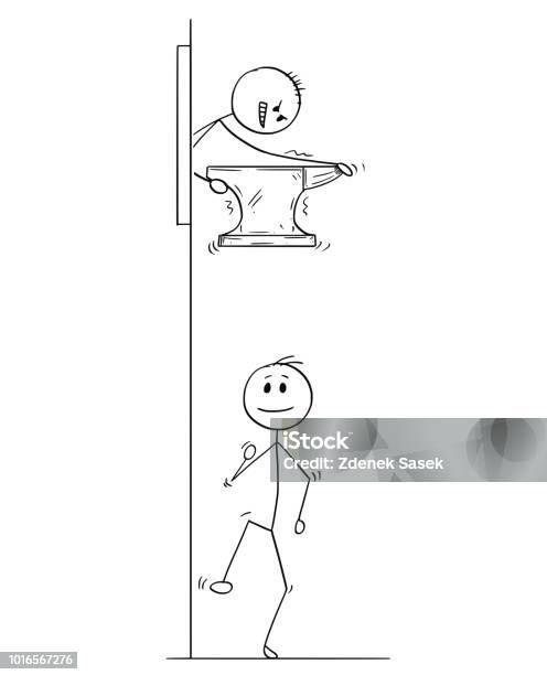 Cartoon Of Man Or Businessman Dropping The Iron Anvil On His Competitor Stock Illustration - Download Image Now
