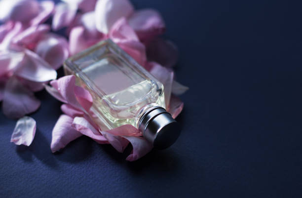 istock perfume bottle with pink flowers and petals. 1016571472