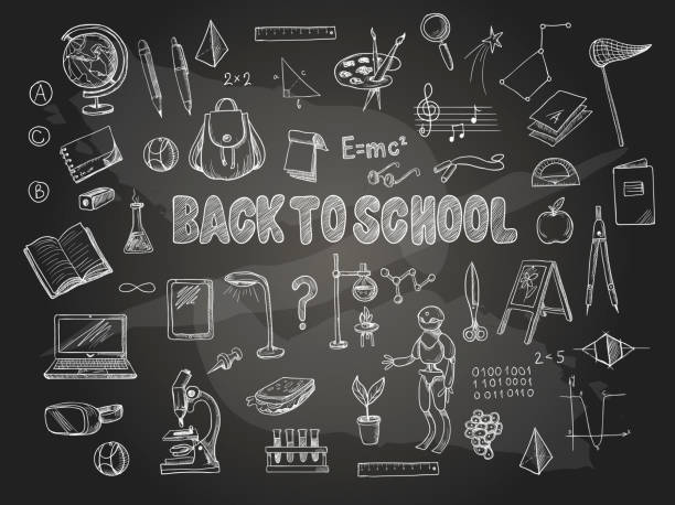 ilustraciones, imágenes clip art, dibujos animados e iconos de stock de gran conjunto de elementos de la escuela, como una mochila, libro, ordenador portátil, globo etcetera, anotados en una pizarra. vector. - blackboard classroom backgrounds education