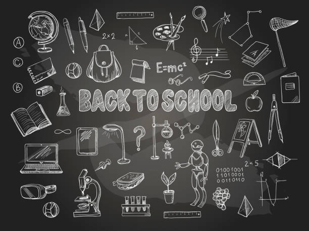 ilustrações de stock, clip art, desenhos animados e ícones de big set of school items, such as a backpack, book, laptop, globe etc, chalked  on a blackboard. vector. - chalk drawing illustrations