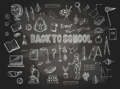 Big set of school items, such as a backpack, book, laptop, globe etc, chalked  on a blackboard.