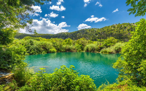 hermoso lago con agua limpia, el parque nacional de krka. - water waterfall sky seascape fotografías e imágenes de stock