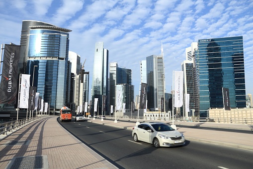 Skyline of Business Bay in Dubai, United Arab Emirates. Dubai is the most populous city in UAE and a major global city.