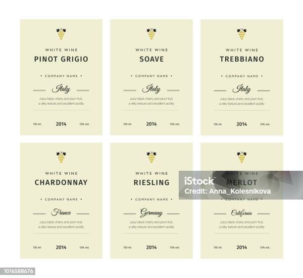 Special Collection Best Quality Grape Varieties And Premium Wine Brand Names Labels Emblems Abstract Isolated Vector Illustration White Wine Label Set Stock Illustration - Download Image Now