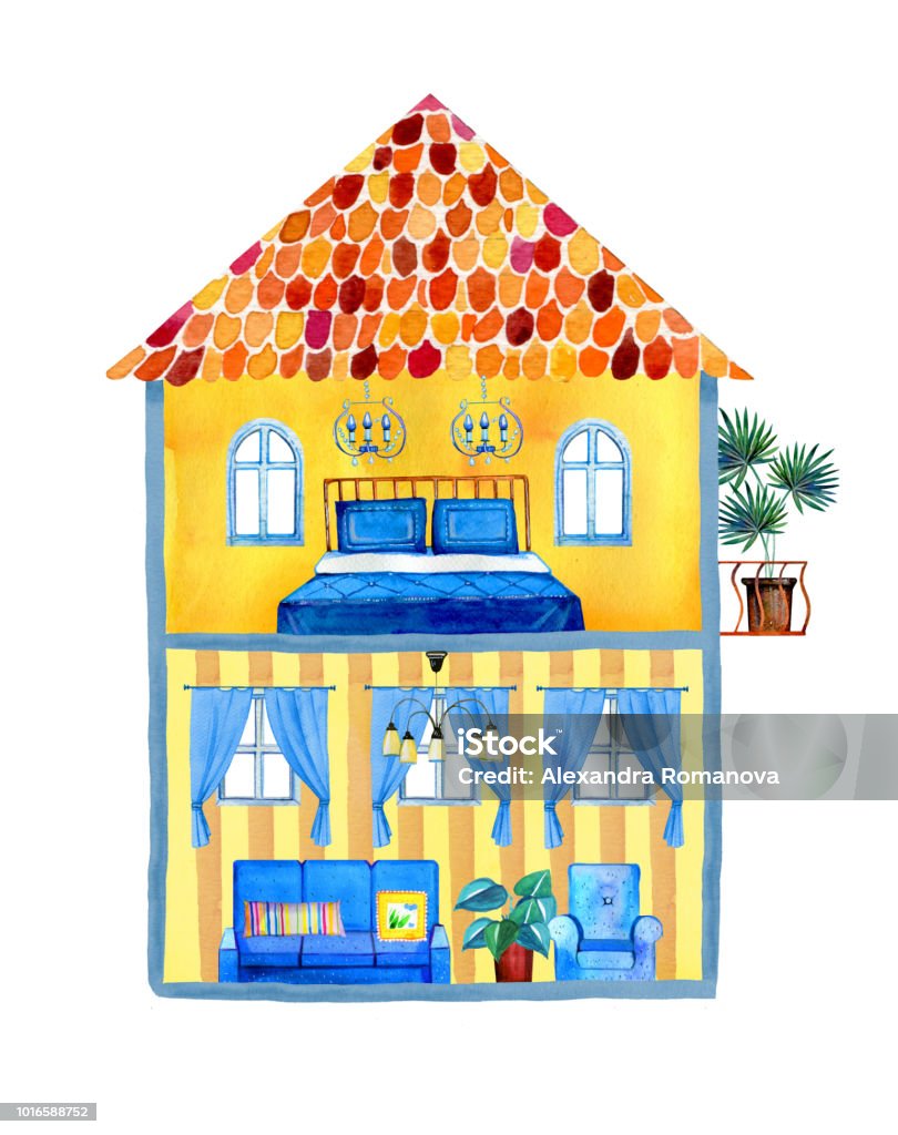 Inside View Of Twostory Cartoon House With Furniture And Decorations Hand  Drawn Watercolor Illustration Stock Illustration - Download Image Now -  iStock