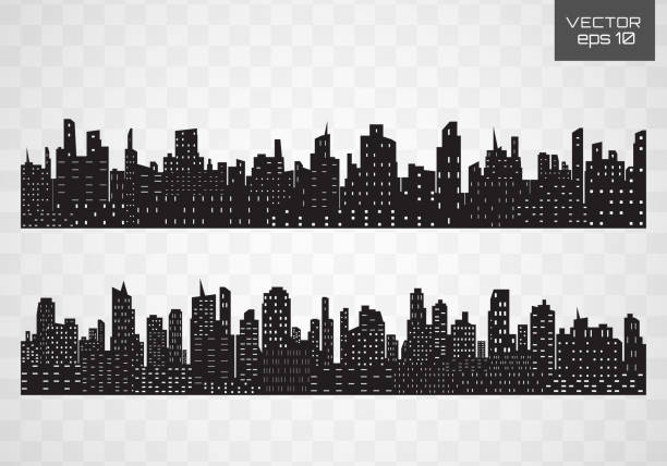 City skyline. Flat style. Vector black city silhouette icon set isolated.The silhouette of the city in a flat style on white backgroun. cartoon of the seattle city stock illustrations