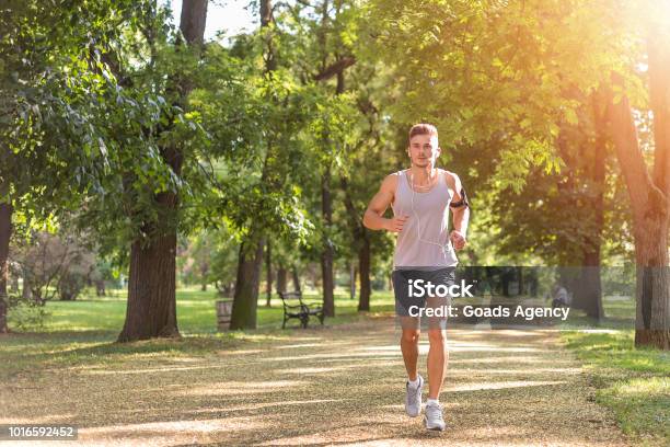 Young Male Jogging In The Park Stock Photo - Download Image Now - Men, Running, Jogging