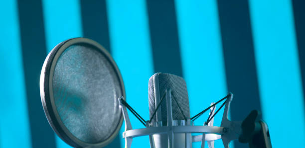 sound recording studio large diaphragm voice microphone for voiceover, singing and instruments. - voice over imagens e fotografias de stock