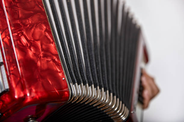 close up of an accordion and a womans hand stock photo