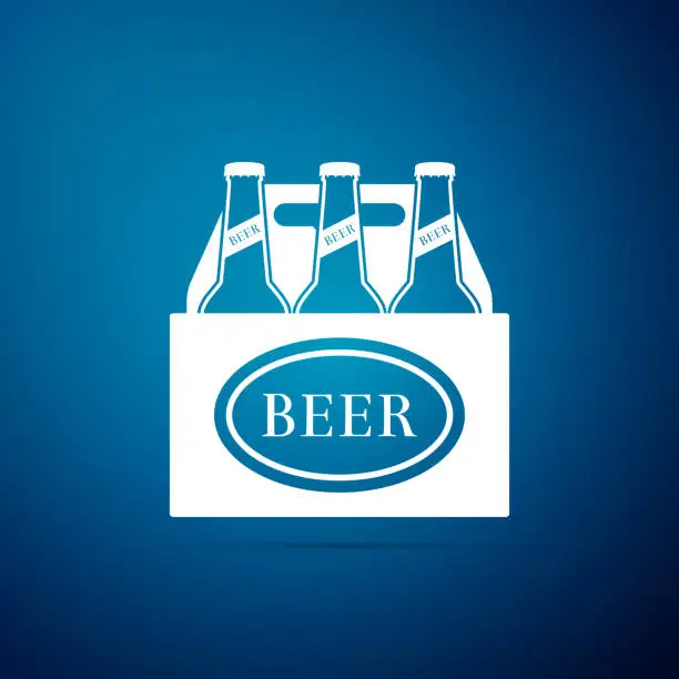 Vector illustration of Pack of beer bottles icon isolated on blue background. Case crate beer box sign. Flat design. Vector Illustration