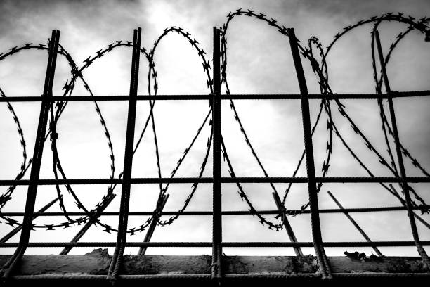 istock Barbed wire fence in front of dark clouds 1016612186