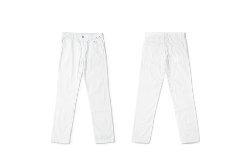 Blank white pants lying mock up, front and back side, isolated. CLear trousers mockup, top view. Empty breeches with a button template. Cloth jeans design presentation