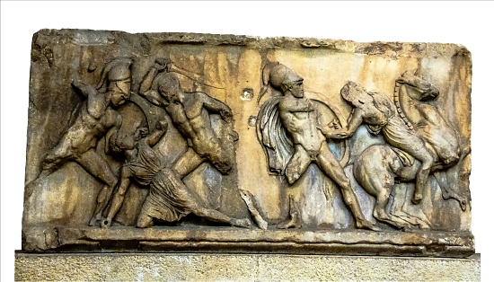 LONDON, UK - JUNE 4, 2015: Battle of Greeks and Amazons Panel, east frieze, Mausoleum at Halicarnassus, attributed to Skopas, marble. British Museum, London