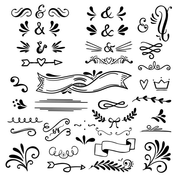 Floral and graphic  design elements with ampersands.Vector set of text dividers for lettering. Floral and graphic  design elements with ampersands.Vector set of text dividers for lettering.Doodles border,arrow and decorative hearts. vintage ornaments stock illustrations