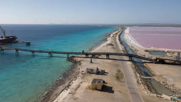 Photo of rose caribbean salt lake Bonaire island aerial drone top view