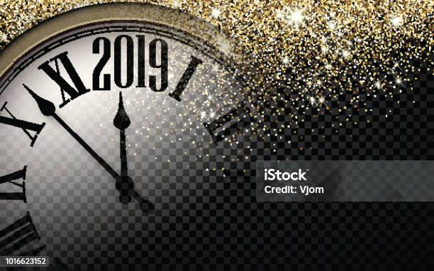 Gold Glänzend 2019 Neujahr Hintergrund Mit Uhr Stock Vektor Art und mehr Bilder von Uhr - Uhr, 2019, Bildhintergrund