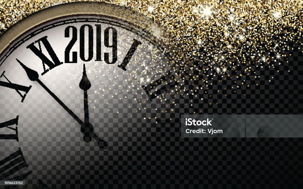 Gold shiny 2019 New Year background with clock. Black and gold shiny 2019 New Year transparent background with blurred round clock. Vector illustration. Clock stock vector