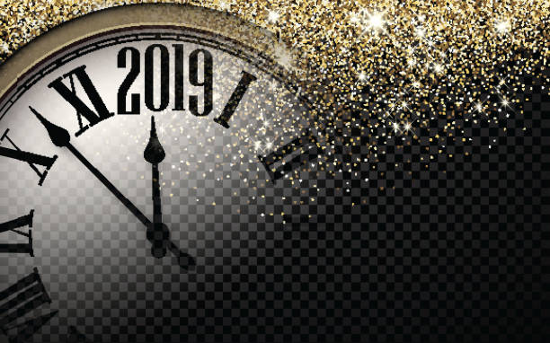 Gold shiny 2019 New Year background with clock. Black and gold shiny 2019 New Year transparent background with blurred round clock. Vector illustration. new year's eve 2019 stock illustrations