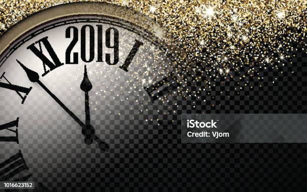 Gold Shiny 2019 New Year Background With Clock Stock Illustration - Download Image Now - Clock, 2019, Backgrounds