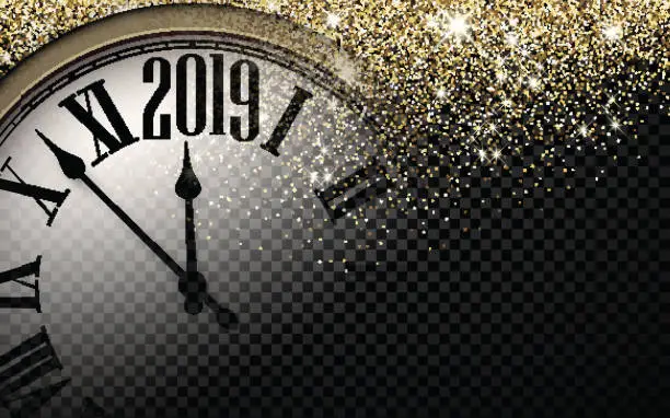 Vector illustration of Gold shiny 2019 New Year background with clock.