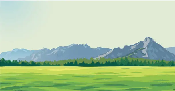 Vector illustration of green glade against the background of mountains