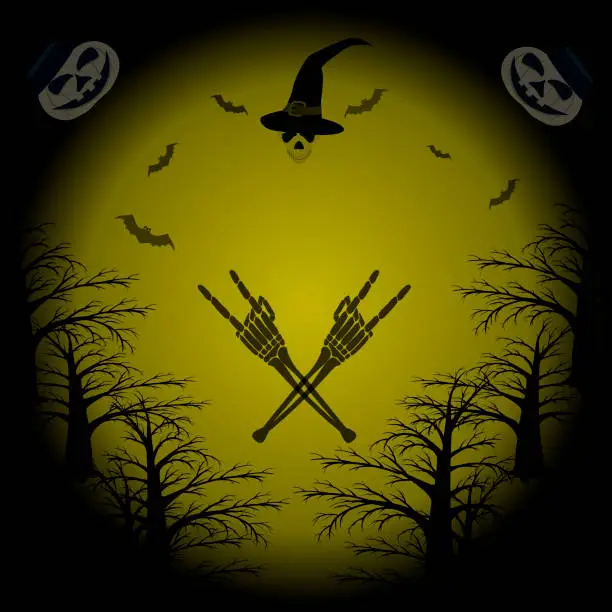 Vector illustration of Witches flying on broomstick, bats, castle on hill, eerie night forest, grinning pumpkins