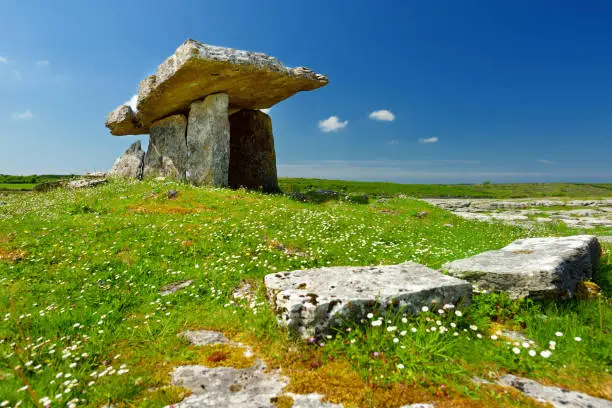 Photo of Poulnabrone dolmen, a neolithic portal tomb, popular tourist attraction located in the Burren, County Clare, Ireland