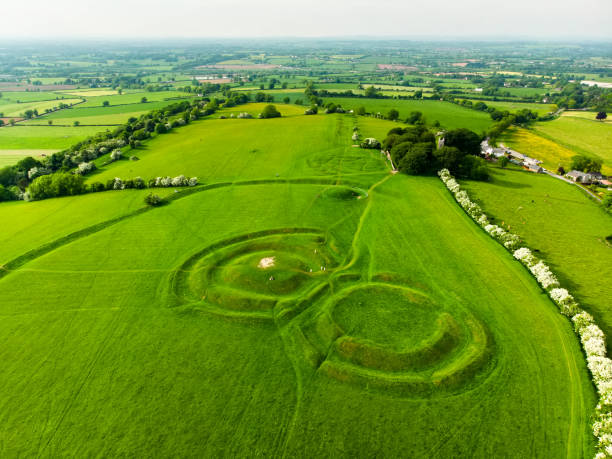 Aerial view of the Hill of Tara, an archaeological complex, containing a number of ancient monuments, County Meath, Ireland stock photo