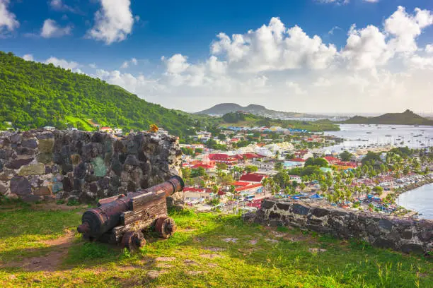 Marigot, Saint Martin town skyline from Fort Louis in the Caribbean.